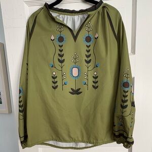 Peasant Tunic-type Shirt. Women’s Small. No Brand. Poly. Olive. Festival Unique